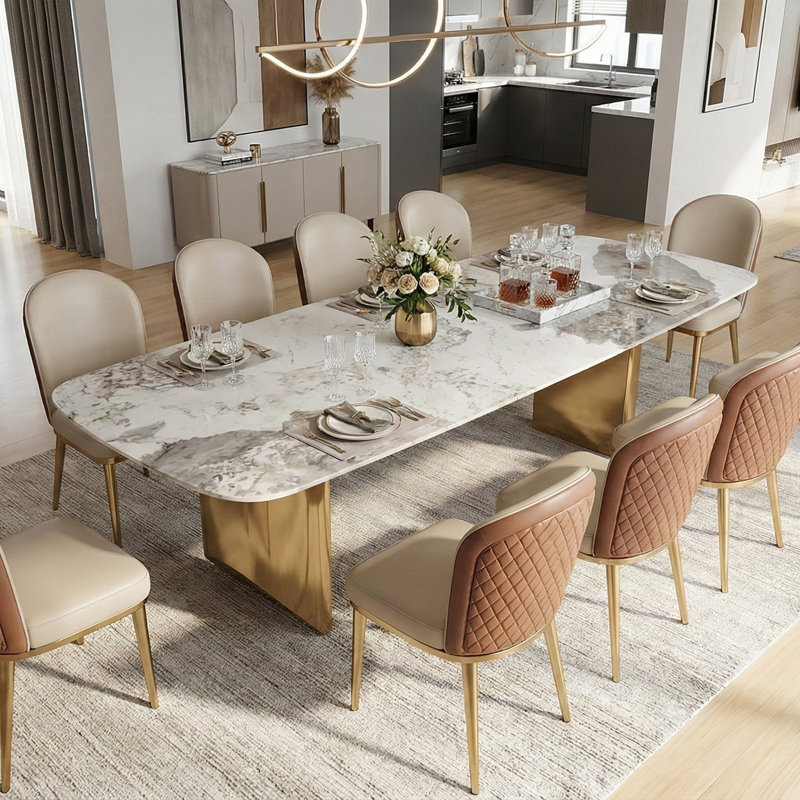 79" Luxury Dining Table with Random Natural Pattern Sintered Stone Top & Metal Base, Modern Rectangular Dining Table, Elegant Kitchen Dining Room Furniture,10-chair