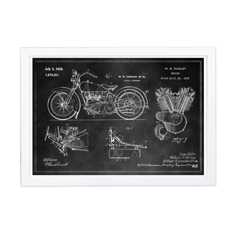 «Harley Engine 1923 Set Horiz Chalkboard», impression encadrée, H 19 po x l 13 po x P 0,75 po, Cadre blanc