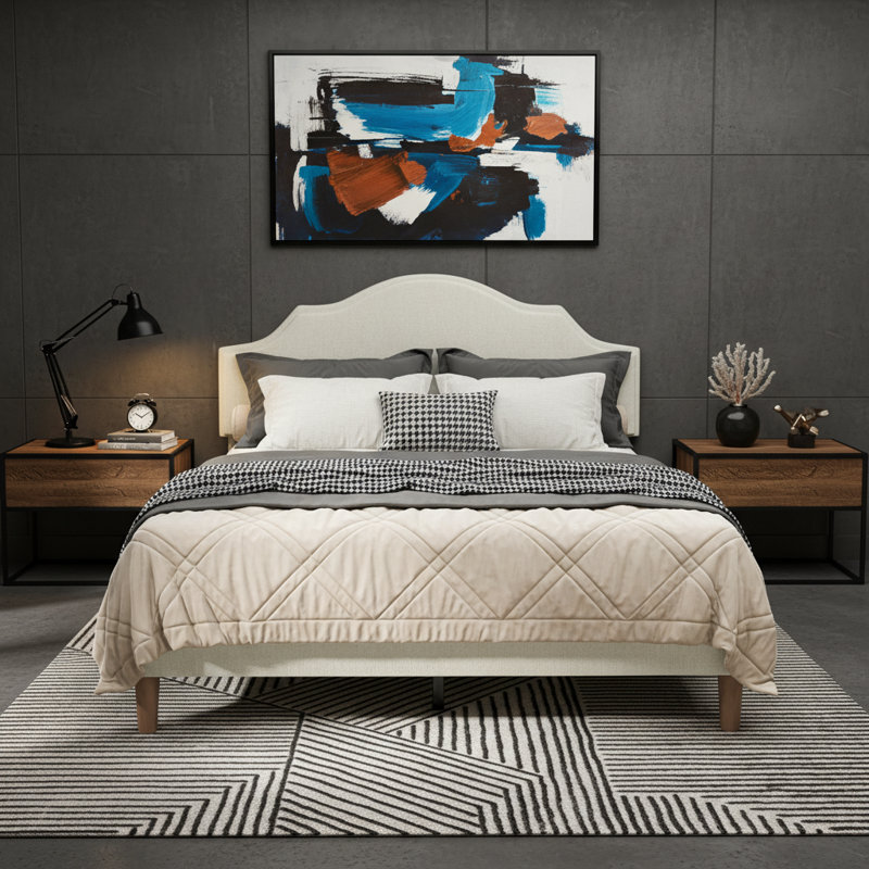 Lit plateforme tapissier avec tête de lit ajustable, Beige, Grand lit