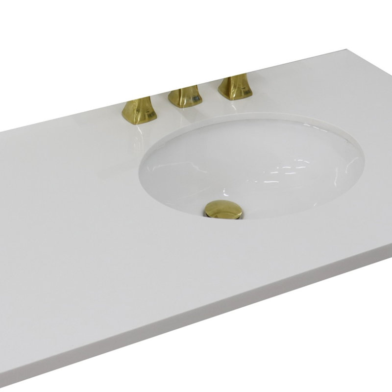 Comptoir en quartz blanc 43 po avec lavabo droit ovale en céramique blanche