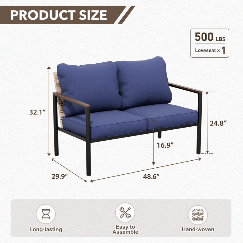 Causeuse avec accoudoirs et coussins en bois, Bleu