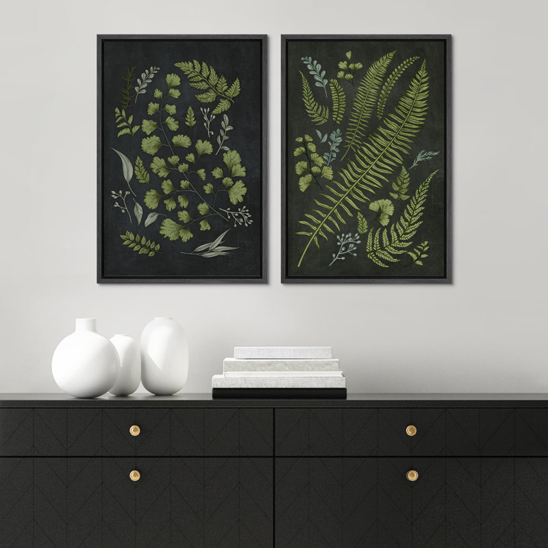 «Midnight Ferns Elegant Green Botanical Modern Art», œuvre d'art murale, 2 pièces, Noir, H 36 po x l 24 po
