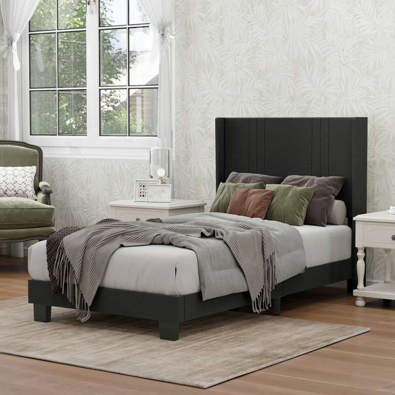 Black Twin Size Modern Vertical Channel Tufted Upholstered Wingback Platform Bed