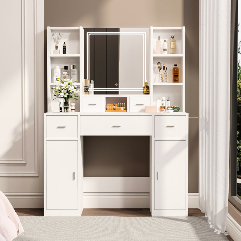 Coiffeuse blanche avec 6 tablettes ouvertes et finition offrant beaucoup de rangement pour la chambre à coucher, Blanc