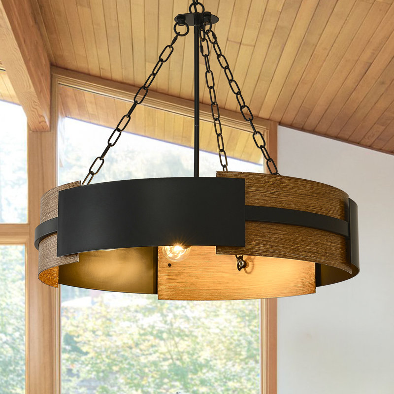 6-light Farmhouse Chandelier 27.5-inch Drum Light Fixture, Black And Wood Grain Industrial Drum Chandelier For Dining Room Living Room Foyer Entryway Kitchen