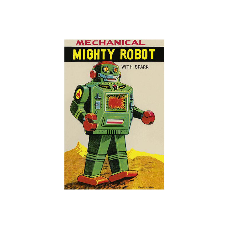 « mecanique mighty robot », affiche rétro, H 42 po x l 28 po, Vert / jaune / orange