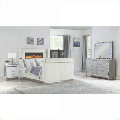 Ensemble de chambre à coucher, grand lit 4 pièces de style moderne avec tête de foyer Pied de meuble télé, bois brun clair | Bois | Commodes doubles