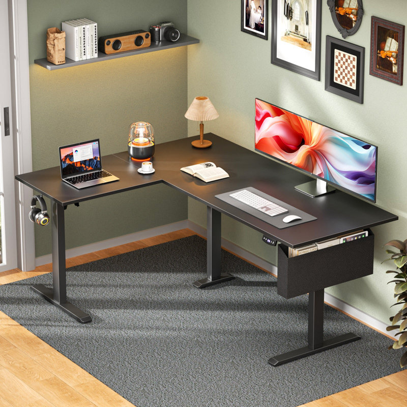 Reversible L-Shaped Electric Standing Desk, Sit-to-Stand Adjustable Height Computer Table with Memory Presets & Storage, Home Office Gaming Desk