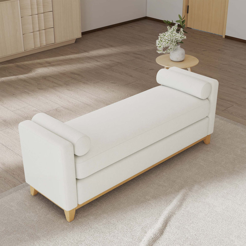 Sherpa Fleece Upholstered Bench With Solid Wood Legs And Bolster Pillows For Cozy Seating And Home Decor, Natural, Beige