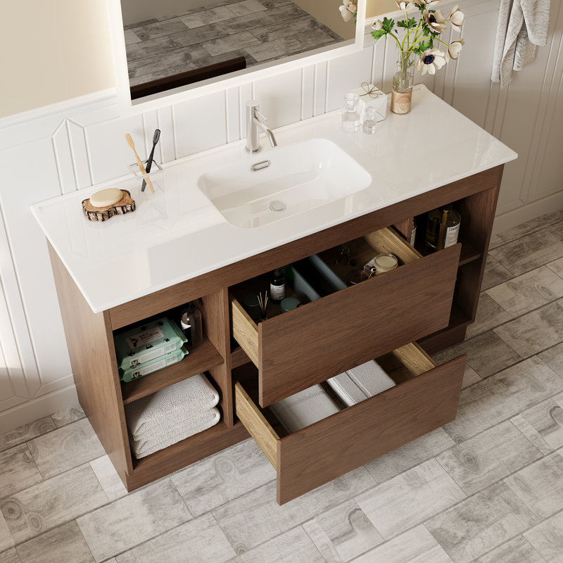 48'' Freestanding Sintered Stone Bathroom Vanities with 2 Soft-Closing Drawers, Solid Wood Bathroom Sink Vanity with Basin and Open Shelves
