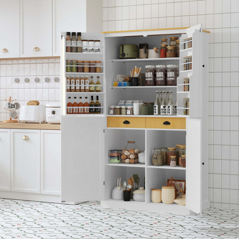 Armoire de rangement autoportante avec 2 tiroirs, 2 tablettes réglables et 8 tablettes de porte pour la cuisine et la salle à manger