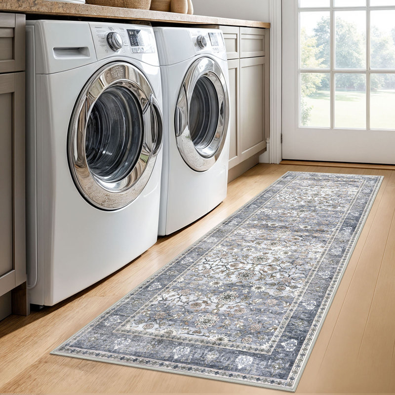 Area Rug Machine Washable Rug Oriental Indoor Rugs with Non-Slip Backing, Runner 2' x 6', Gray/Blue