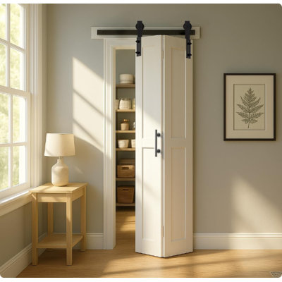 S&Z TOPHAND® 24X84in (12X2) White Bi-Fold Barn Door Sliding Folding Double Door With Hardware Kit & Handle, Solid MDF With Water-Proof PVC Surface, Complete, No Assembly Required