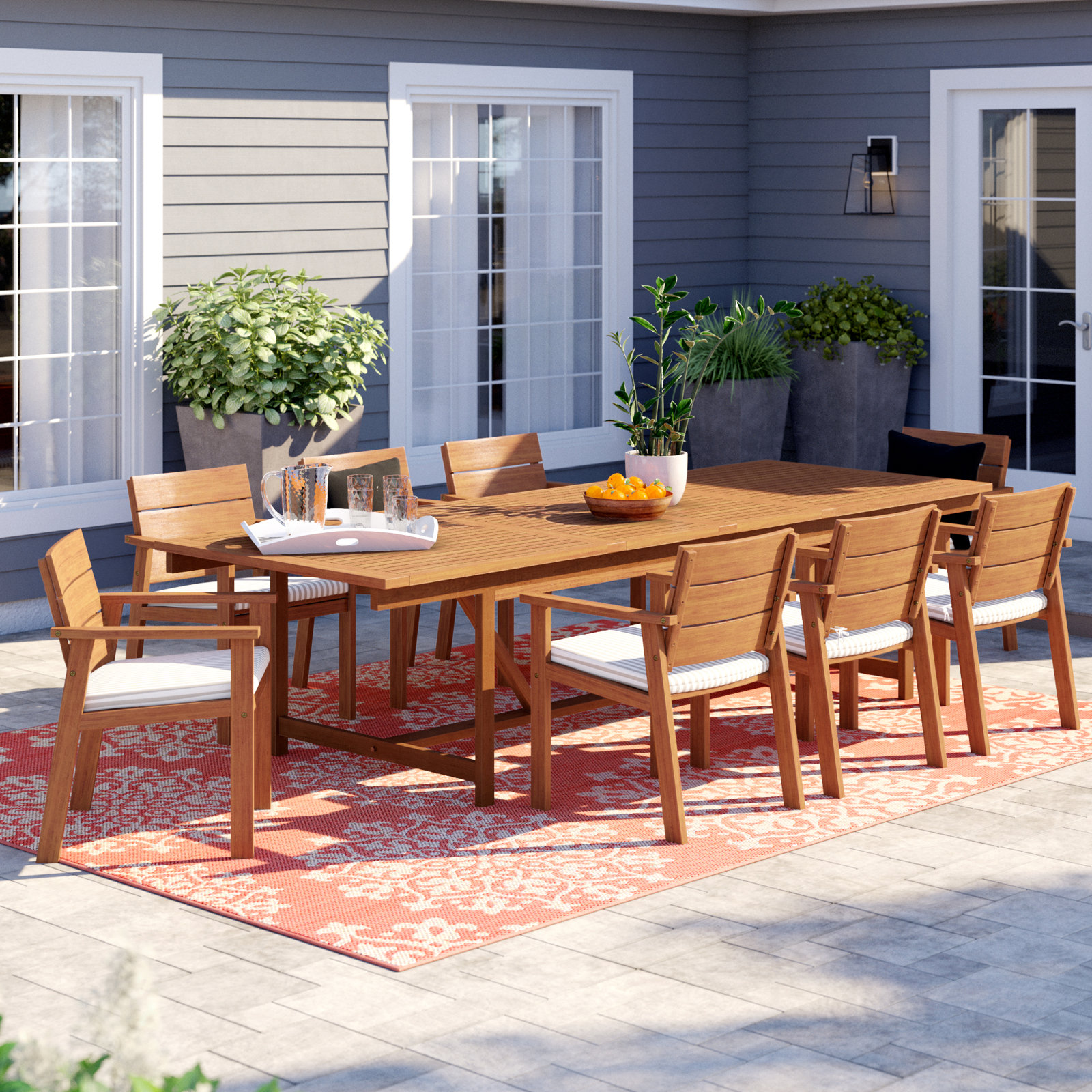 Alyisa 79'' Rectangular 8-Person Outdoor Dining Set with Cushions, Light Teak Finish