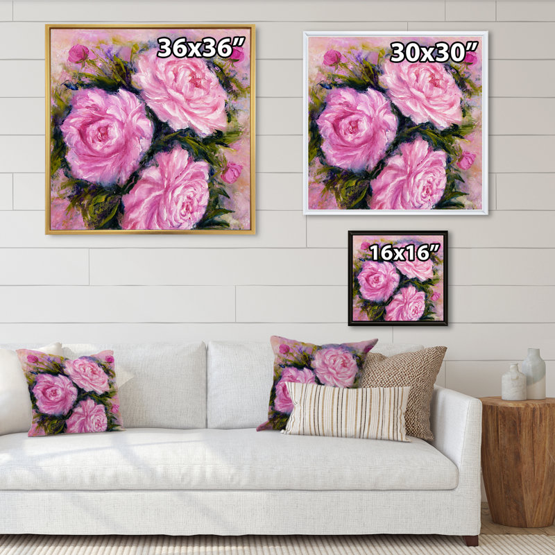 Bouquet de pivoines roses - œuvre d'art sur toile, H 36 po x l 36 po x P 1,5 po, Toile naturelle avec cadre flottant