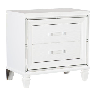 White Nightstand With 2 Bearing Drawers And Elegant Design Bedroom Acrylic Pulls Metallic Finish