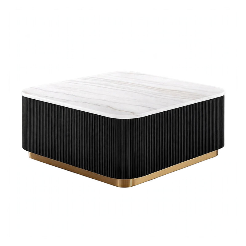 Table basse Viren, accents dorés, plateau en marbre, piètement cannelé noir, 89 cm