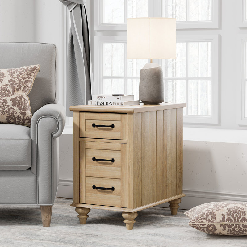 Francene 2 - Drawer End Table Set and Built-In Outlets, Oak