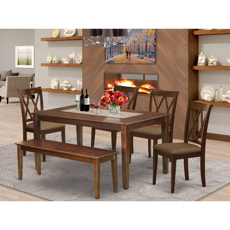 L'ensemble de table de salle à manger 6 pièces contient une table de salle à manger rectangulaire et 4 chaises en tissu de lin avec un banc, acajou
