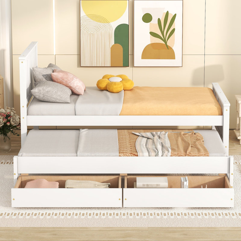 Lit plateforme simple blanc avec lit gigogne et tiroirs - Structure en pin robuste, Blanc