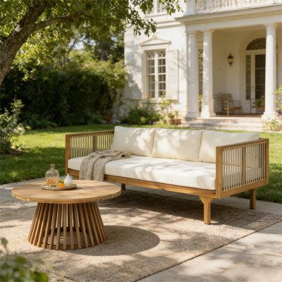 Ensemble de patio extérieur 2 pièces, canapé et table basse ronde en bois d'acacia, beige, brun clair et teck
