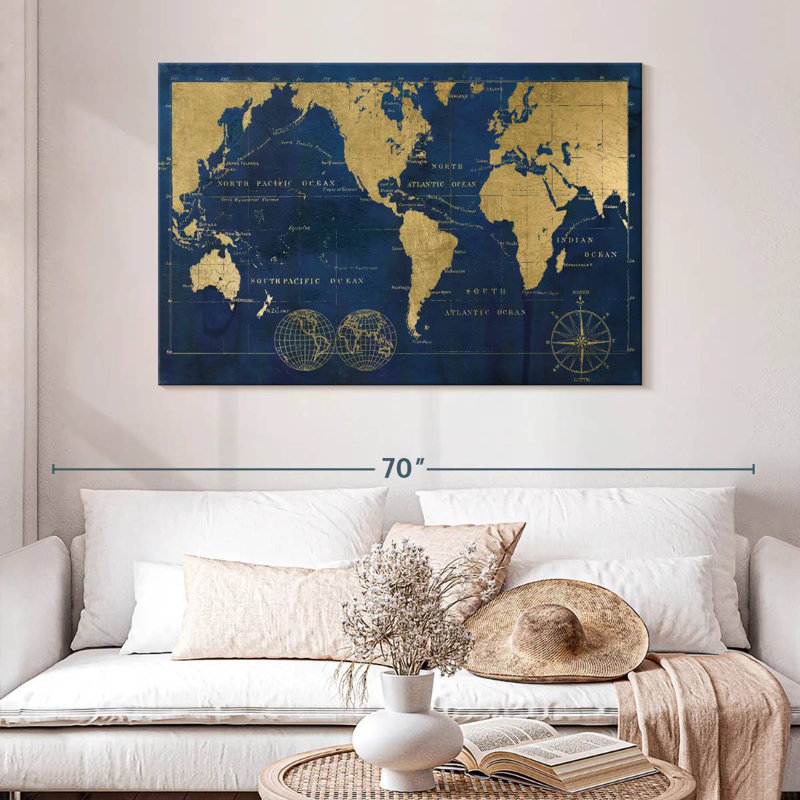 Aliaz Indigo World Map, 32" H x 48" W