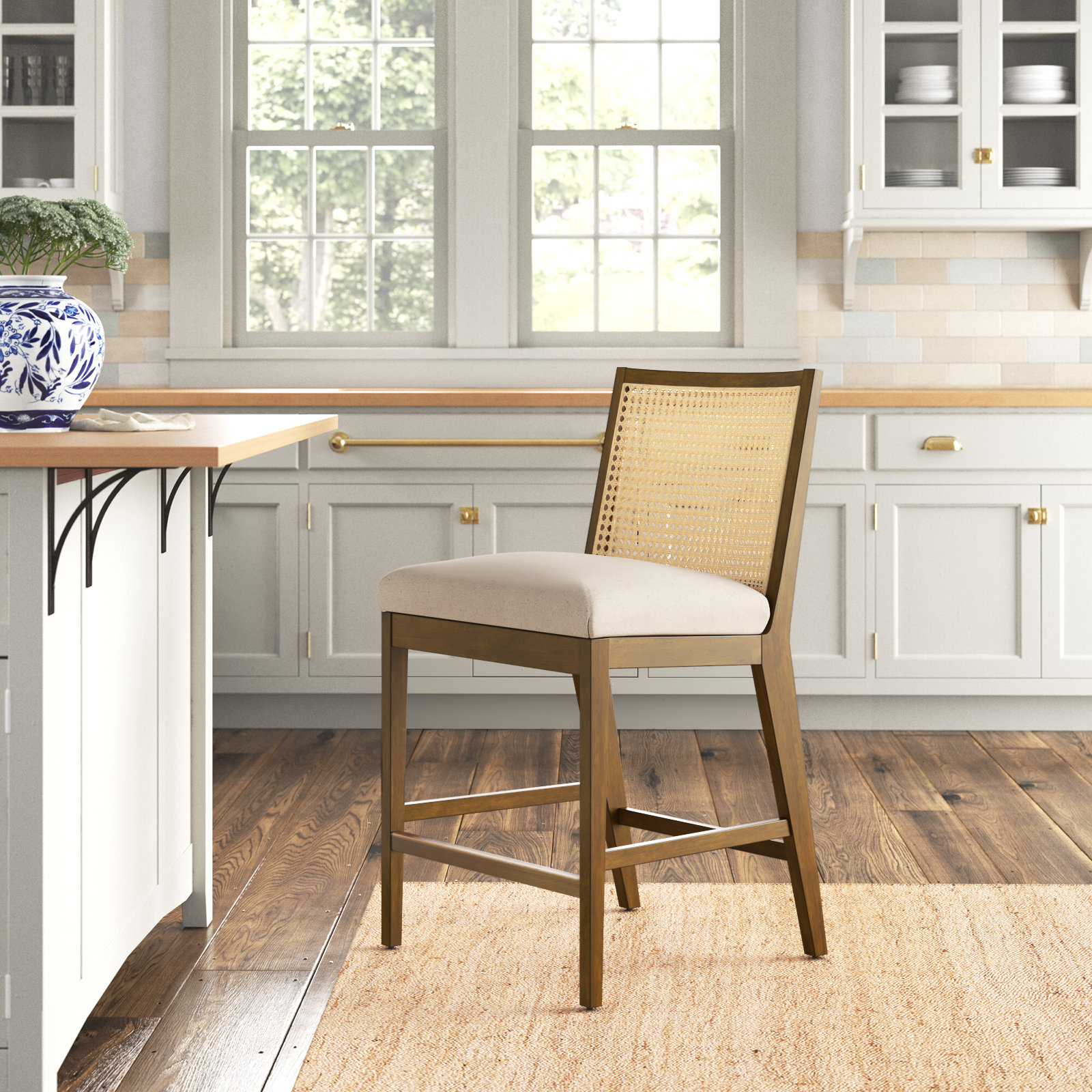 Sergi Cane Stool, Savile Flax, Counter Stool (27" Seat Height)