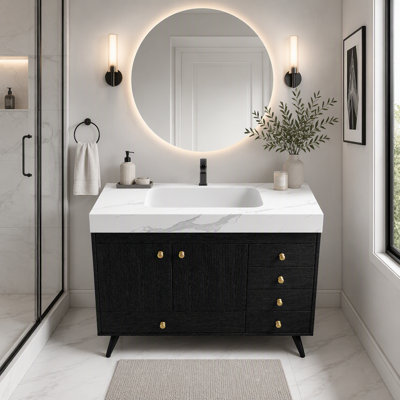 Meuble-lavabo autoportant 36 po avec comptoir en faux marbre, lavabo en céramique, 5 tiroirs et pieds en acier inoxydable