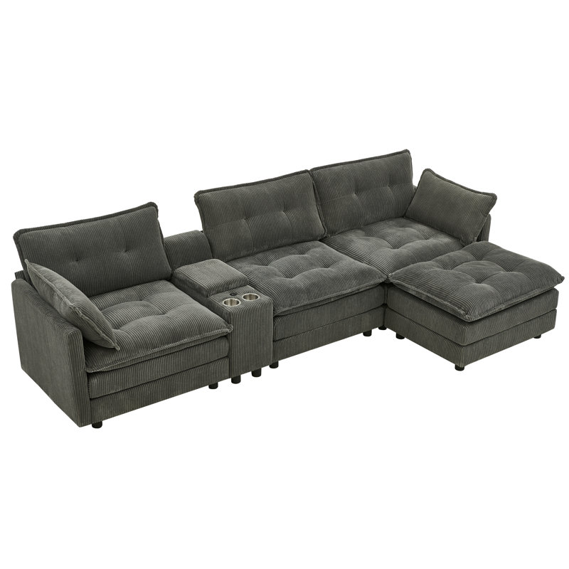 119" L-Shaped Oversized Corduroy Modular Sectional Sofa With 1 Ottoman And Multi Functional Console, 4-Seater Upholstered Couch With Usb And 2 Cup Holder,