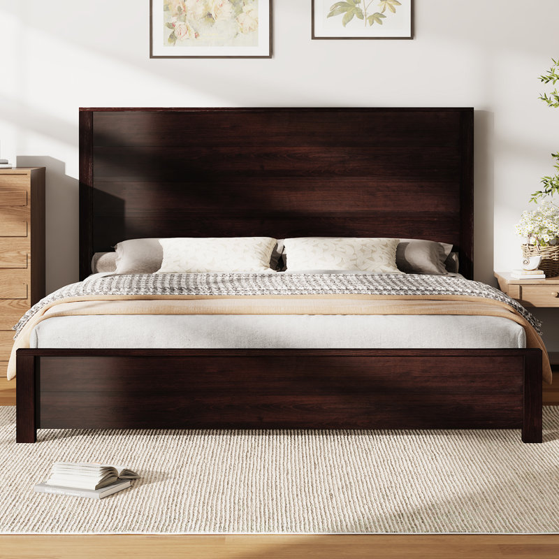 Base de lit en bois massif 51,2 po, lit plateforme rustique avec tête de lit épissée, Très grand, Brun foncé