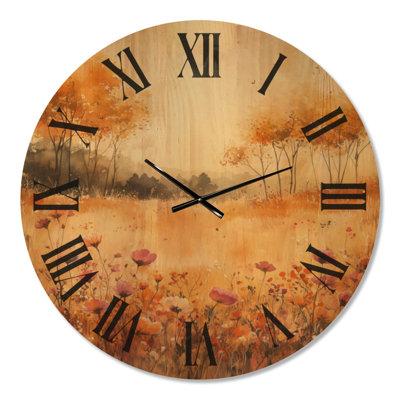 Très grande horloge murale botanique - Horizon pré de fleurs sauvages, imprimé sur bois