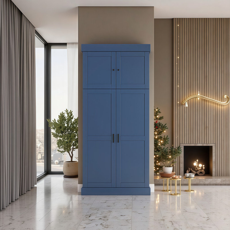 Très grand garde-manger autoportant de style shaker avec porte-bouteilles, Bleu