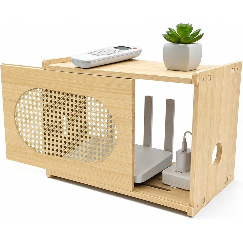 Cache-boîte à outils en bois naturel avec portes en rotin, bois pâle
