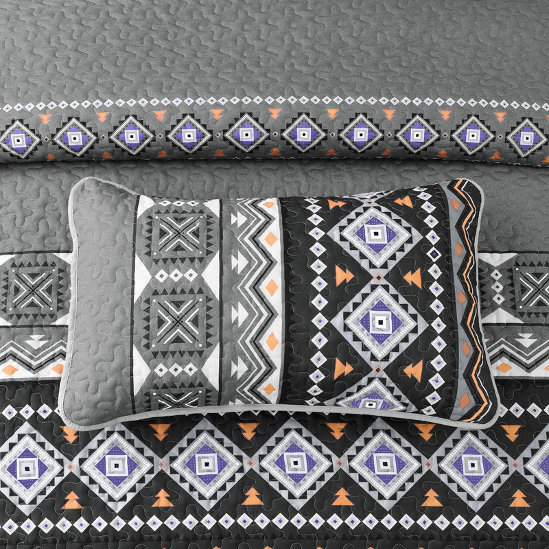 Ensemble de courtepointe à motif géométrique 3 pièces Boho, Grey/Black, Courtepointe très grand et 2 très grandes taies 