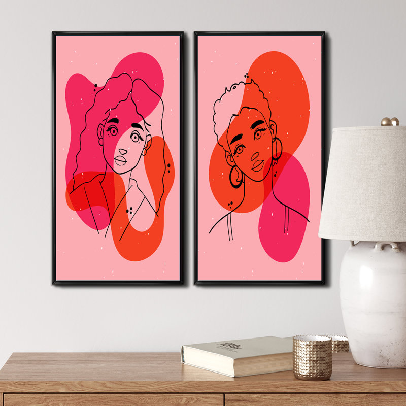 «Abstract Minimalist Woman Portrait», ensemble de 2 peintures, H 20 po x l 24 po x P 1 po, Toile avec cadre noir
