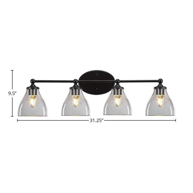 Barre d'éclairage de salle de bain 4 lumières Aitkens au fini noir mat avec verre transparent 6,25 po