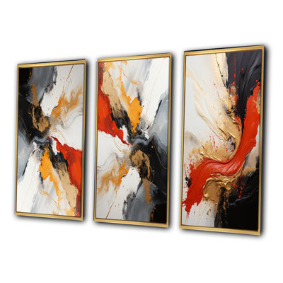 «Midnight Passion Abstract Wave» écarlate et or - ensemble de 3 impressions