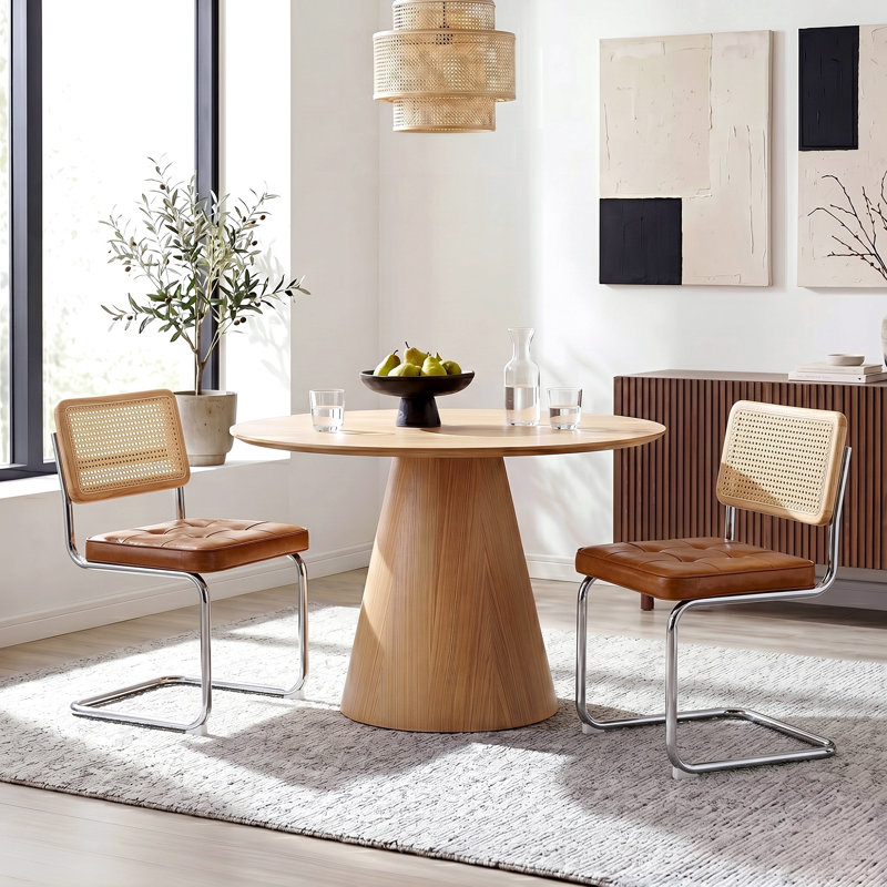 Marlow 19.1'' H Mid-Century Modern Tufted Leather Cantilever Dining Chair with Chrome Frame and Cane Rattan Back, Brown, 2