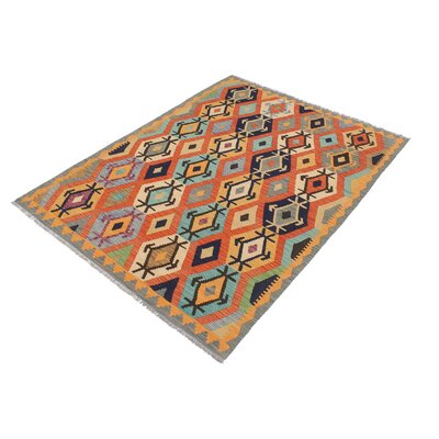 Ceporah Geometric Handmade Hand-Woven Rectangle 5'1"" x 6'7"" Wool Area Rug in Blue/Orange/Navy -  Isabelline, 082FA83D337B4AADBF5FF77409BF97F0