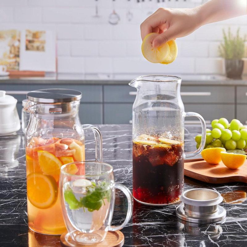 Ensemble de 2 pichets en verre de 1,2 litre avec couvercle et bec verseur en verre pour carafe d'eau glacée à l'eau froide