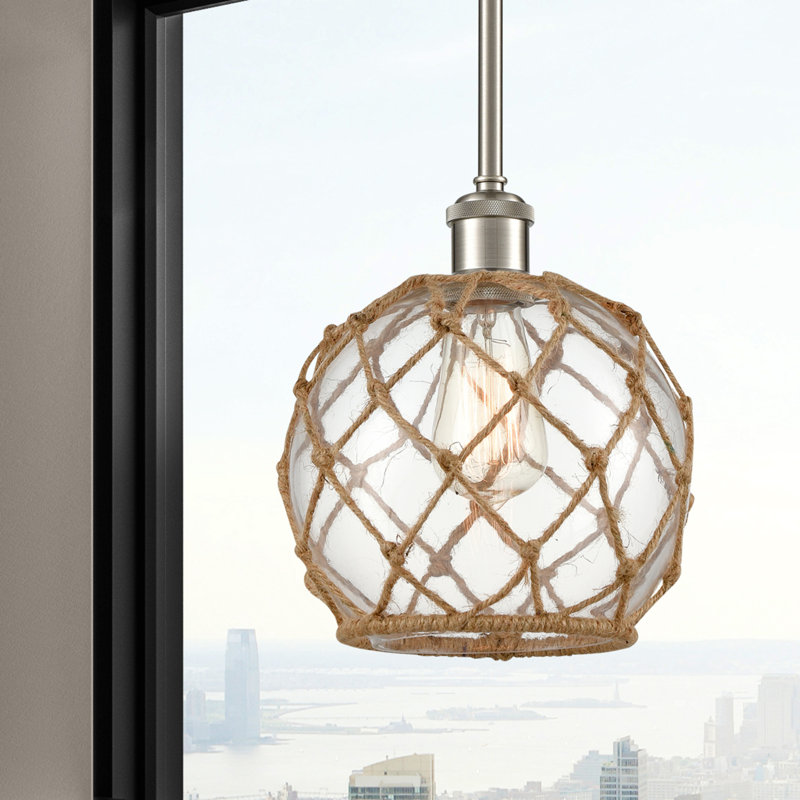 Luminaire suspendu en forme de globe à 1 lumière avec accents en corde Tobey, Clair/Brun, H 10 pi x l 8 po x P 8 po