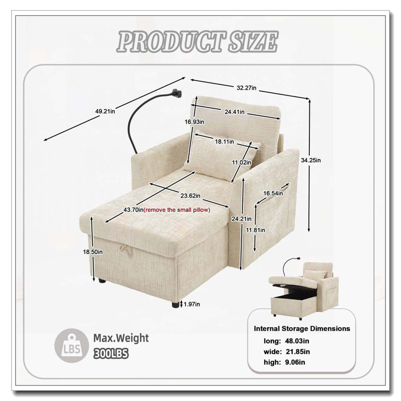 Chaise longue en chenille avec rangement, Beige
