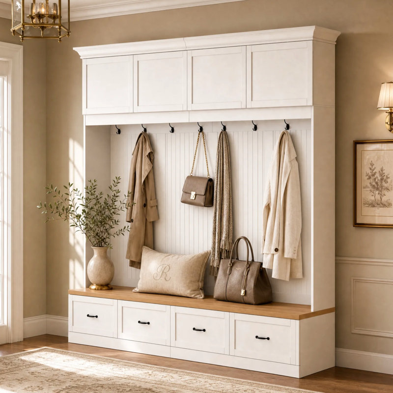98.8" W Extra-Large Hall Tree with Bench, 4 Drawers, 2 Upper Cabinets and 7 Hooks
