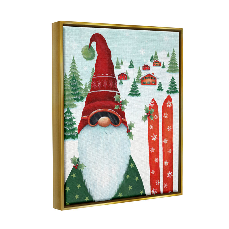 Ba-809-Floater Gnome Skiing Winter Slopes, reproduction d'art sur toile, Cadre flottant métallique doré
