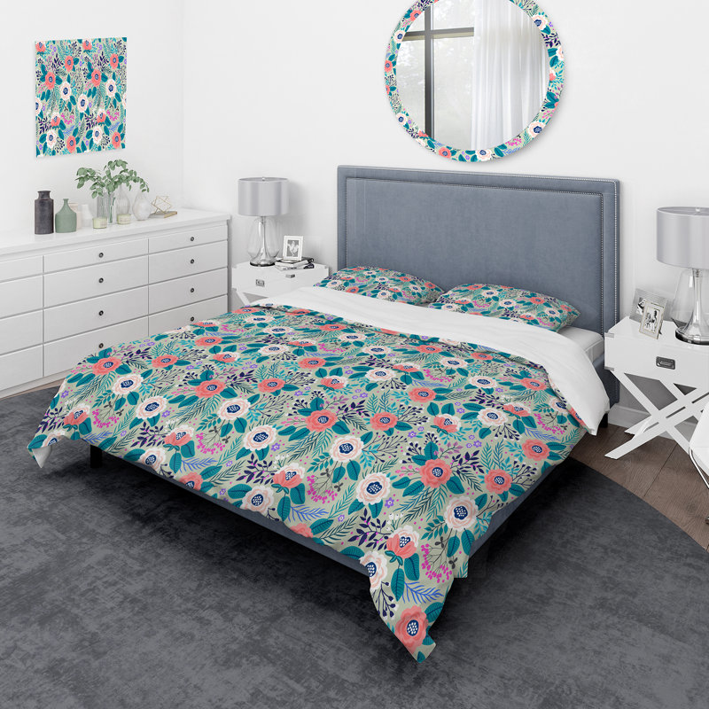 Fleurs roses et blanches sur fond bleu clair - ensemble de housse de couette moderne - microfibre de polyester