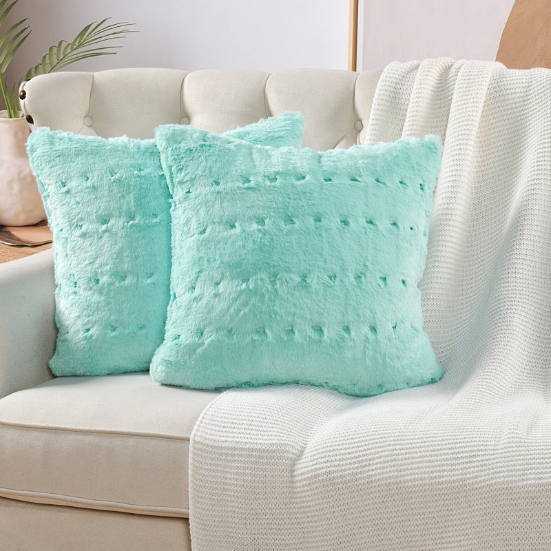 Housse de coussin en fausse fourrure jacquard, Turquoise blanchi