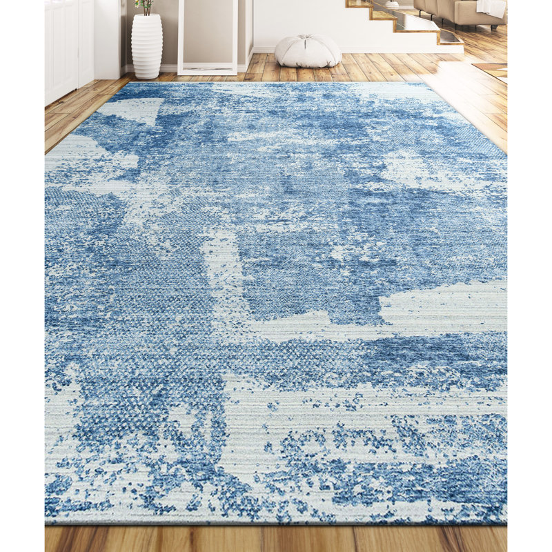 Tapis argenté et bleu noué à la main de haute qualité, Rectangle 6 pi x 9 pi