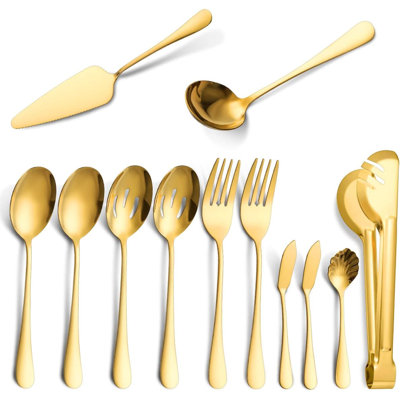 Ensemble d'ustensiles de service de 12 pièces en acier inoxydable - comprend une cuillère à rainure, une fourchette de service, des pinces, une louche à soupe, un service à tarte, un lave-vaisselle pour le buffet, la restauration et un usage domestiq