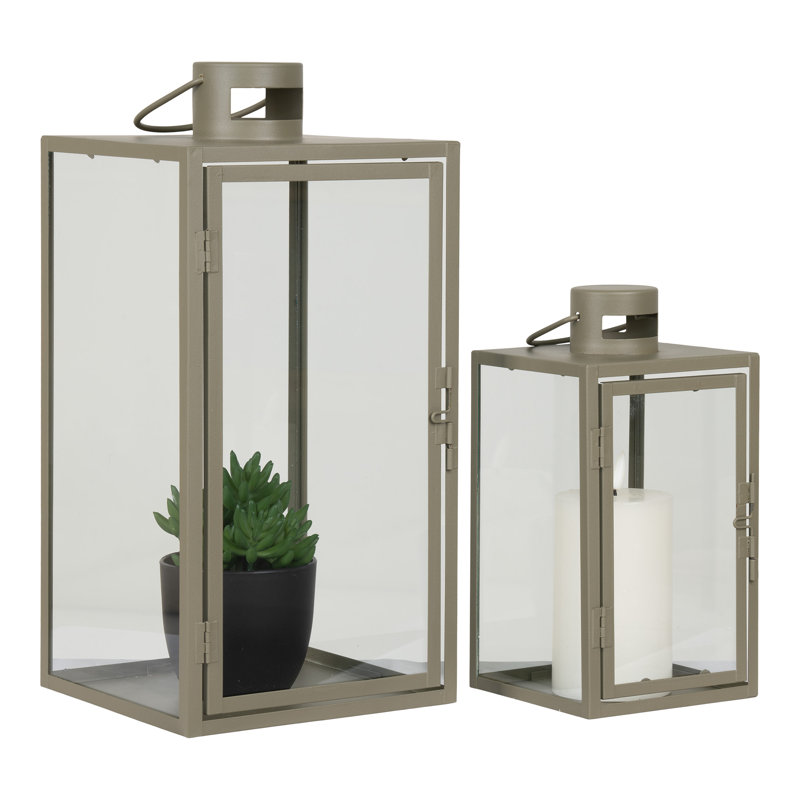 2 Piece Metal Floor Lantern Set, Green