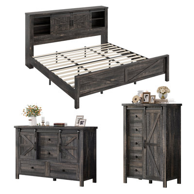 3 Pieces Farmhouse Bedroom Set, King Size Bookcase Bed Frame, 5 Drawer Dresser, 4 Drawers Dresser,Dark Oak